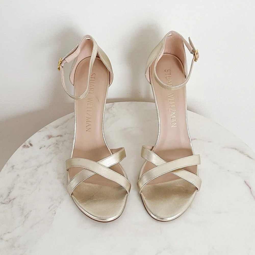 NEW Stuart Weitzman Nudistsong Metallic Cross Ankle Strap Sandals Size 11